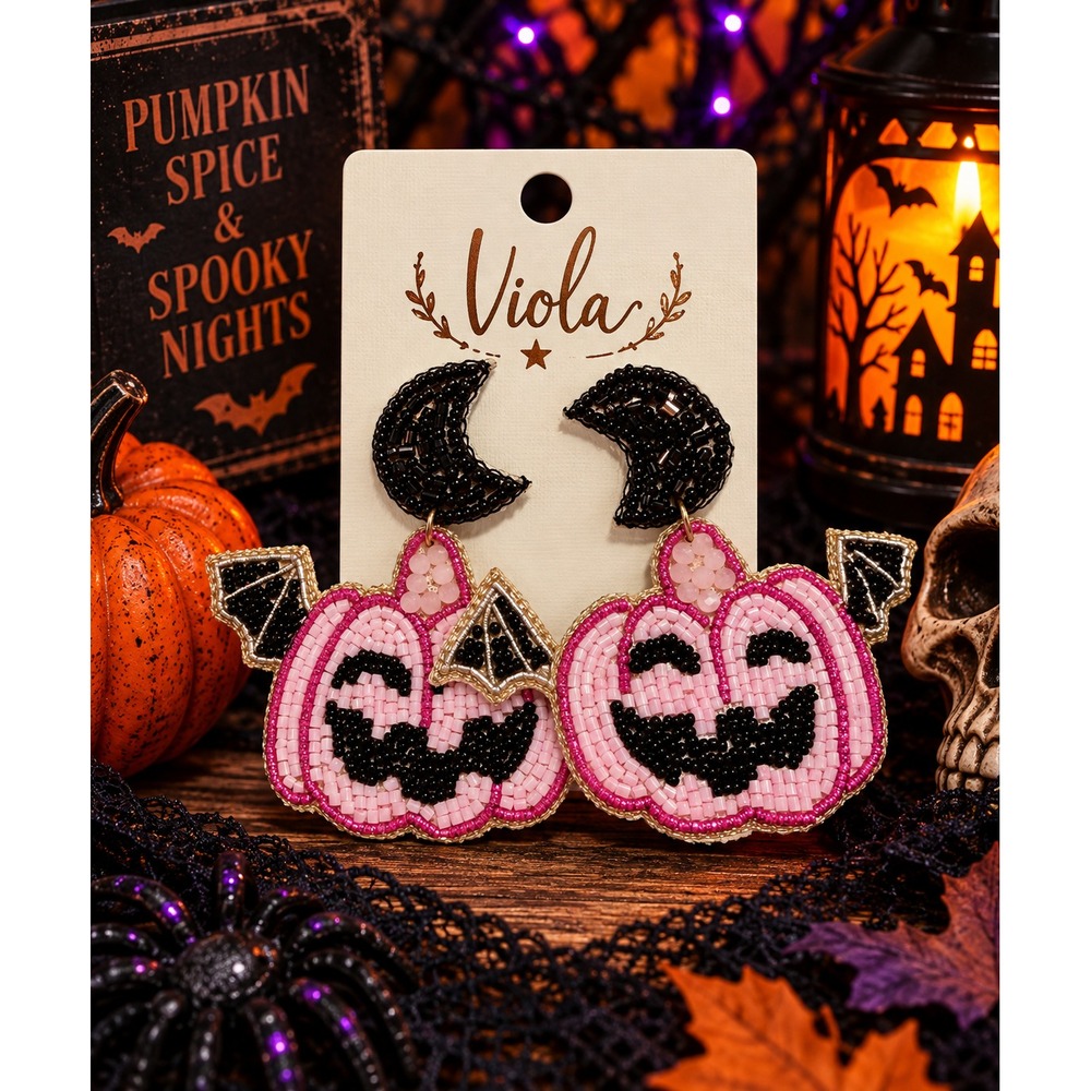 Halloween Pumpkin Bat Seed Bead Earrings Jack O Lantern Beaded Statement Earring